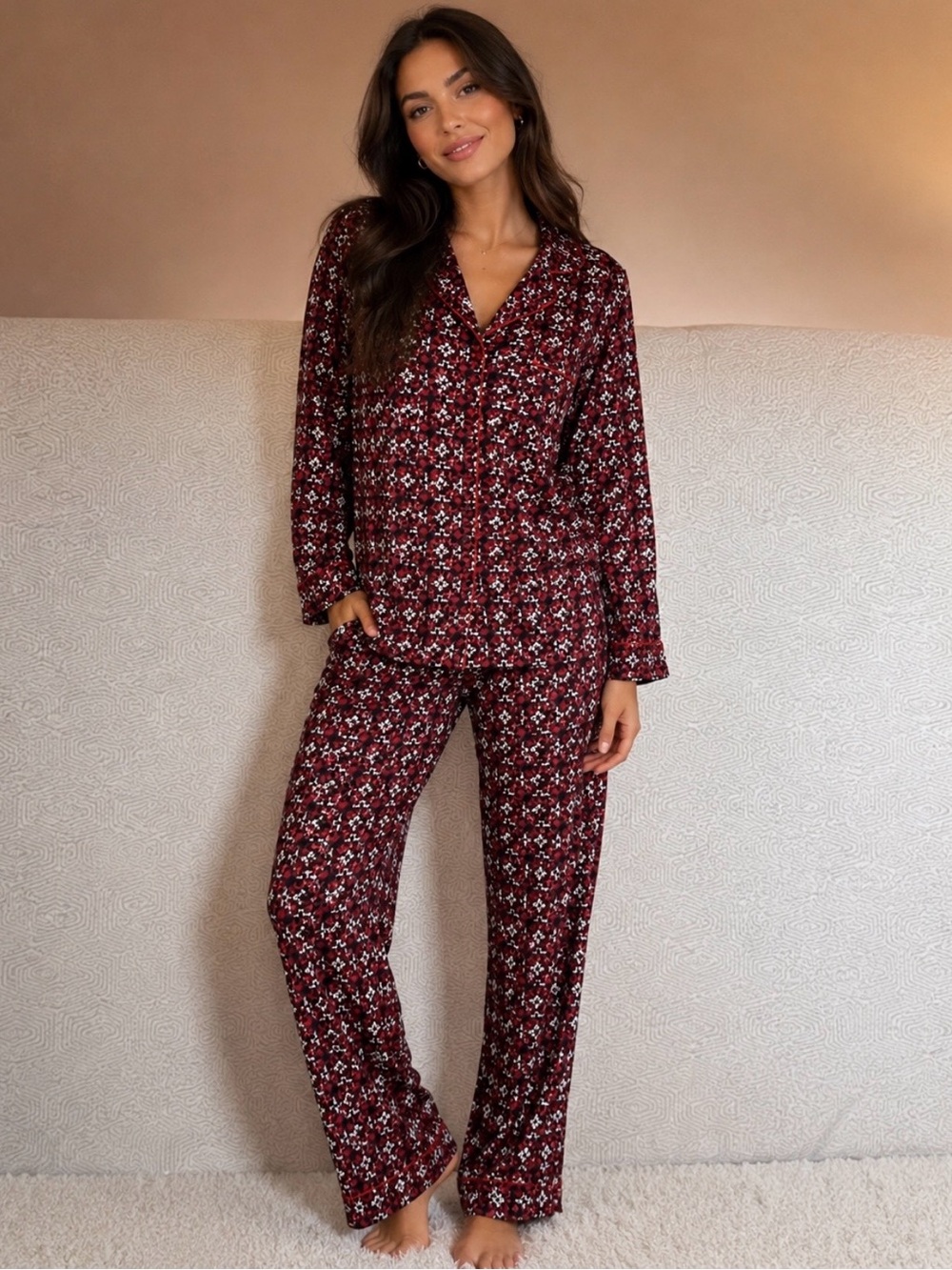 Womens Burgundy Floral Button-Front Pajama Set